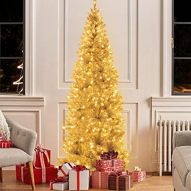 Costway 6FT/7FT Pre-lit Artificial Silver Tinsel Xmas Tree with 790/1030 Branch Tips