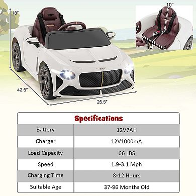 Costway 12V Licensed Bentley Bacalar Kids Electric Ride-on Car with Remote Control
