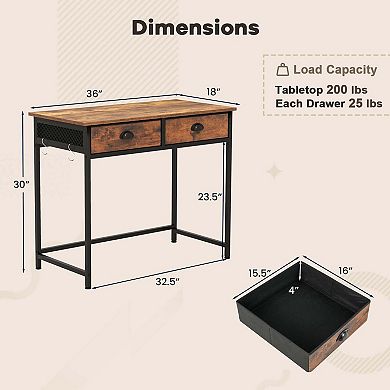 Costway Space Saving Home Computer Desk with 2 Fabric Drawers 4 Hanging Hooks & Metal Frame