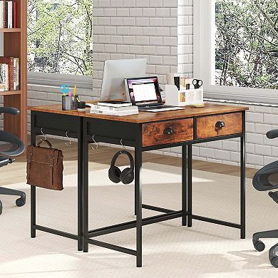 Costway Space Saving Home Computer Desk with 2 Fabric Drawers 4 Hanging Hooks & Metal Frame