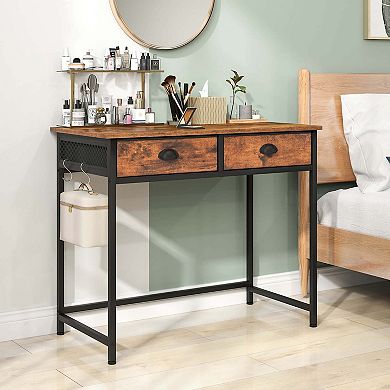 Costway Space Saving Home Computer Desk with 2 Fabric Drawers 4 Hanging Hooks & Metal Frame