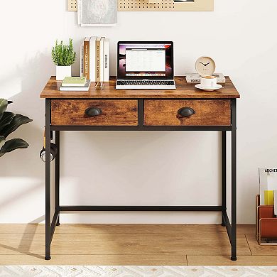 Costway Space Saving Home Computer Desk with 2 Fabric Drawers 4 Hanging Hooks & Metal Frame