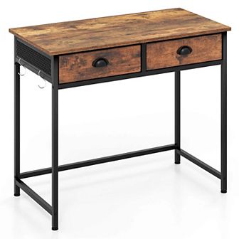Costway Space Saving Home Computer Desk with 2 Fabric Drawers 4 Hanging Hooks & Metal Frame