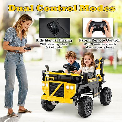 Costway 24V Ride On Excavator, 4WD Electric Truck Construction Vehicle with Remote Control