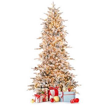 Costway 6 FT/7.5FT Pre-Lit Christmas Tree Snow Flocked Hinged w715/1107 Branch Tips & 210/350 Lights