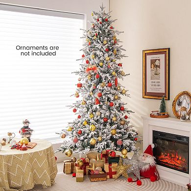 Costway 6 FT/7.5FT Pre-Lit Christmas Tree Snow Flocked Hinged w715/1107 Branch Tips & 210/350 Lights