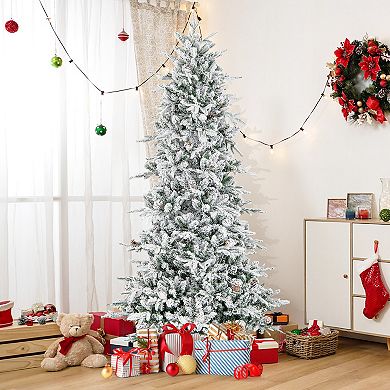 Costway 6 FT/7.5FT Pre-Lit Christmas Tree Snow Flocked Hinged w715/1107 Branch Tips & 210/350 Lights