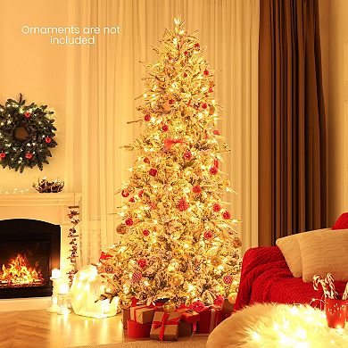Costway 6 FT/7.5FT Pre-Lit Christmas Tree Snow Flocked Hinged w715/1107 Branch Tips & 210/350 Lights
