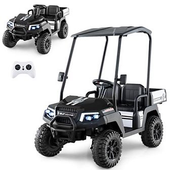 Costway 24V 7AH Kids Golf Cart 4WD 2 Seater Ride on Car w/Sun Shade & Dump Bed Black/Red/Pink/Navy