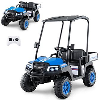 Costway 24V 7AH Kids Golf Cart 4WD 2 Seater Ride on Car w/Sun Shade & Dump Bed Black/Red/Pink/Navy
