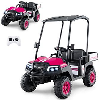 Costway 24V 7AH Kids Golf Cart 4WD 2 Seater Ride on Car w/Sun Shade & Dump Bed Black/Red/Pink/Navy