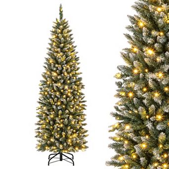Costway 6FT/9FT Pre-Lit Christmas Tree Hinged Slim Pencil Xmas with 250/500 LED Lights