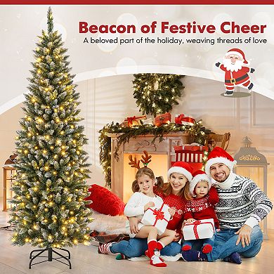 Costway 6FT/9FT Pre-Lit Christmas Tree Hinged Slim Pencil Xmas with 250/500 LED Lights