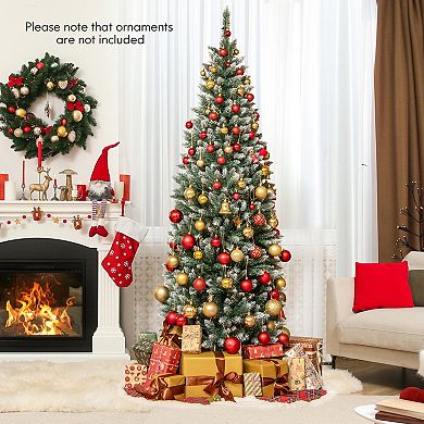 Costway 6FT/9FT Pre-Lit Christmas Tree Hinged Slim Pencil Xmas with 250/500 LED Lights