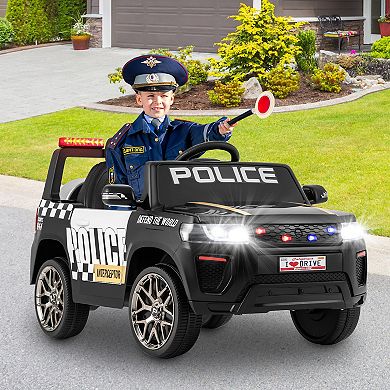 Costway Kids Ride on Police Car 12V 7A Battery Powered Cop Car with Remote Control Black/White