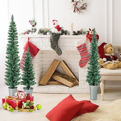 Costway Potted Artificial Christmas Tree Set of 3 with 3/4/5 FT Faux Slim Pencil Trees