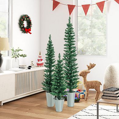 Costway Potted Artificial Christmas Tree Set of 3 with 3/4/5 FT Faux Slim Pencil Trees