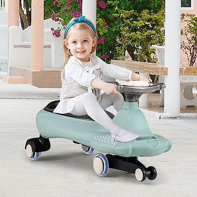 Costway Wiggle Car with Hauling Rope Ride on Toy with Under-Seat Storage & Swing Car Beige/Green