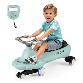 Costway Wiggle Car with Hauling Rope Ride on Toy with Under-Seat Storage & Swing Car Beige/Green