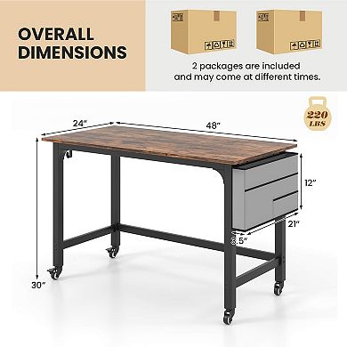 Costway 2 PCS Rolling Computer Desk Metal Frame PC Laptop Table Wood Top Study Workstation