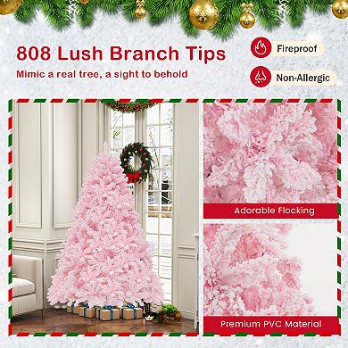 Costway 6 FT Flocked Artificial Christmas Tree Hinged with 350 LED Lights 808 Branch Tips