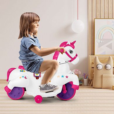 Costway 12V Kids Ride on Unicorn Toy with Training Wheels Music One-button Start Horse Toy