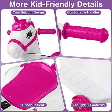 Costway 12V Kids Ride on Unicorn Toy with Training Wheels Music One-button Start Horse Toy