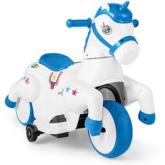 Costway 12V Kids Ride on Unicorn Toy with Training Wheels Music One-button Start Horse Toy