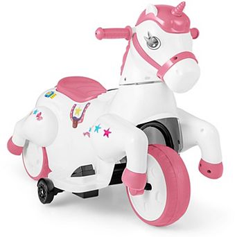 Costway 12V Kids Ride on Unicorn Toy with Training Wheels Music One-button Start Horse Toy