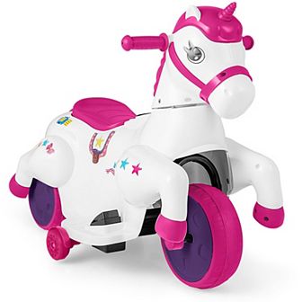 Costway 12V Kids Ride on Unicorn Toy with Training Wheels Music One-button Start Horse Toy