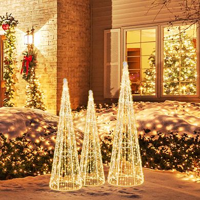 Costway Set of 3 Pre-lit Christmas Cone Trees Xmas Decoration with Star String & 90 Lights