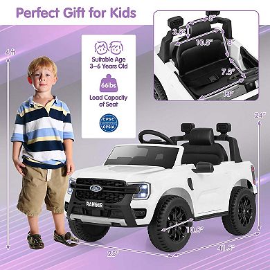 Costway 12V Licensed Ford Ranger Kids Ride on Car with Remote Control Storage Basket White/Black