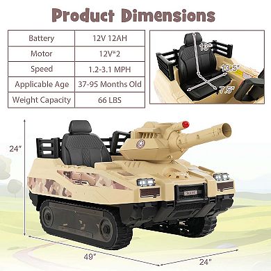 Costway Electric Kids Ride On Tank with Rubber Tracks Rotatable Turret & Working Cannon