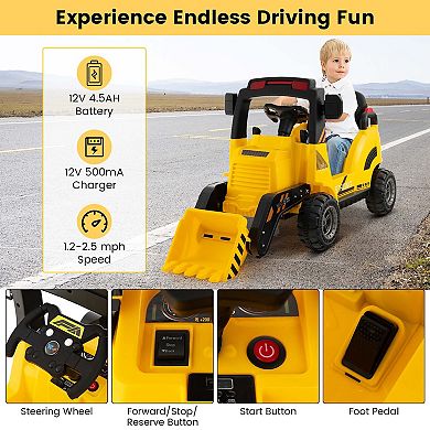 Costway 12V Kids Ride On Construction Tractor with Horn & Music & Tail LED Lights Yellow