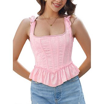 Women's Vintage Jacquard Hem Ruffle Boned Corset Fishbone Print Vest