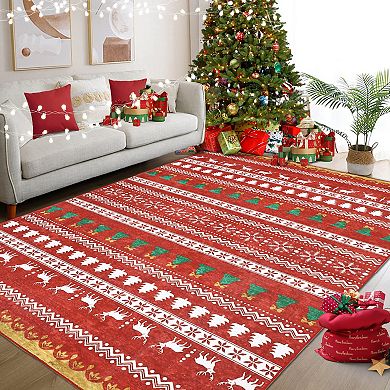 Christmas Area Rug Non-Slip Washable Living Room Rug with Rubber Backing Holiday Decor Rug