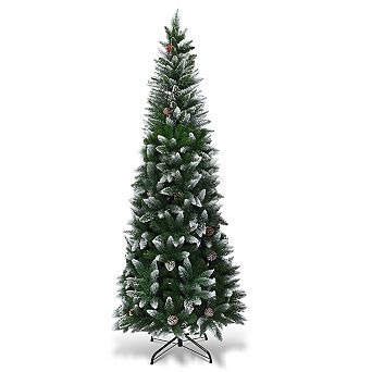 Costway 5/6/7.5 ft Snow Flocked Unlit Pencil Christmas Tree Hinged Pine Cones