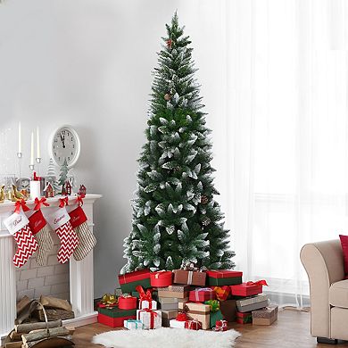 Costway 5/6/7.5 ft Snow Flocked Unlit Pencil Christmas Tree Hinged Pine Cones
