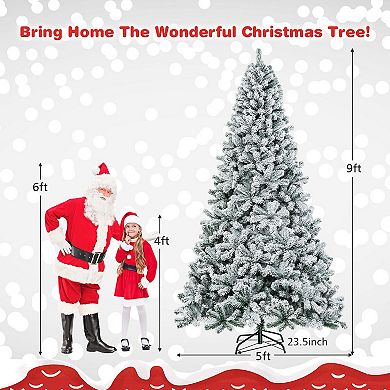 Costway 6/7.5/9 ft Snow Flocked Hinged Artificial Christmas Tree Unlit Metal