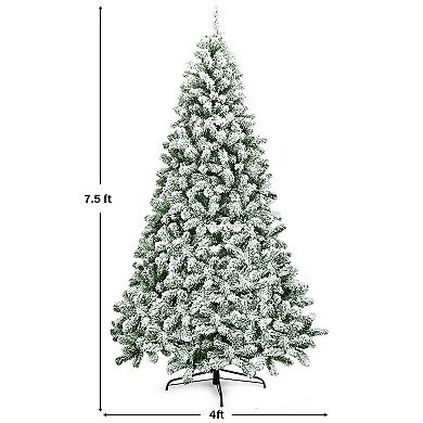 Costway 7.5FT Snow Flocked Artificial Christmas Tree Hinged w/1346 Tip and Foldable Base