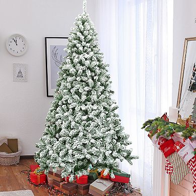 Costway 7.5FT Snow Flocked Artificial Christmas Tree Hinged w/1346 Tip and Foldable Base
