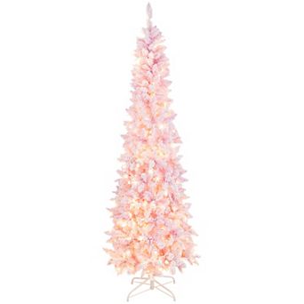 Costway 7FT Pre-Lit Snow Flocked Hinged Pencil Christmas Tree w/ 300 Lights & 8 Modes