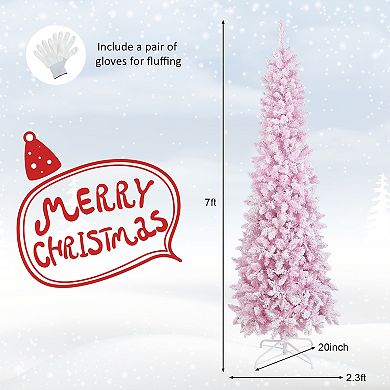 Costway 7FT Pre-Lit Snow Flocked Hinged Pencil Christmas Tree w/ 300 Lights & 8 Modes