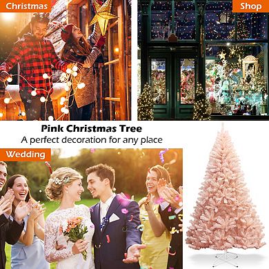 Costway 6ft/7ft Pink Christmas Tree Hinged Full Fir Tree Metal Season