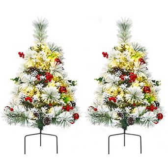 Costway Set of 2 24 in Battery Powered Pre-lit Pathway Flocked Christmas Trees Outdoor