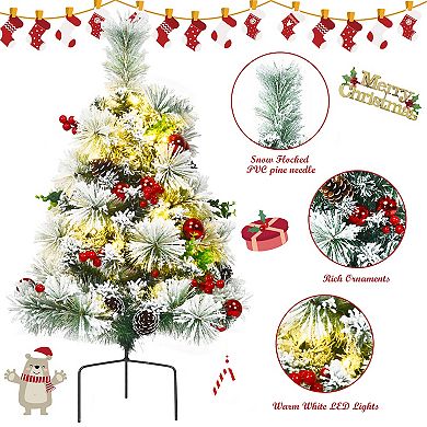Costway Set of 2 24in Battery Powered Pre-lit Pathway Flocked Christmas Trees Outdoor