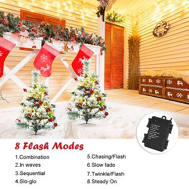 Costway Set of 2 24in Battery Powered Pre-lit Pathway Flocked Christmas Trees Outdoor