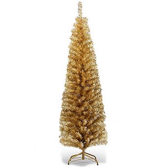 Costway 6FT Unlit Pencil Slim Tree Artificial Christmas Tree/Blue/ Champagne Gold /Silver/Black