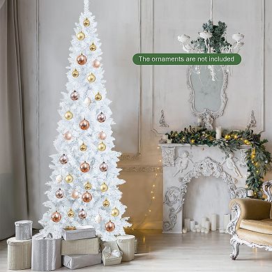 Costway 7FT Pre-Lit Hinged Pencil Christmas Tree White w/ 300 LED Lights & 8 Flash Modes