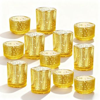 12 pc Votive Gold Glass Tea Light Candle Holders Set for Weddings, Diwali, Home Decor